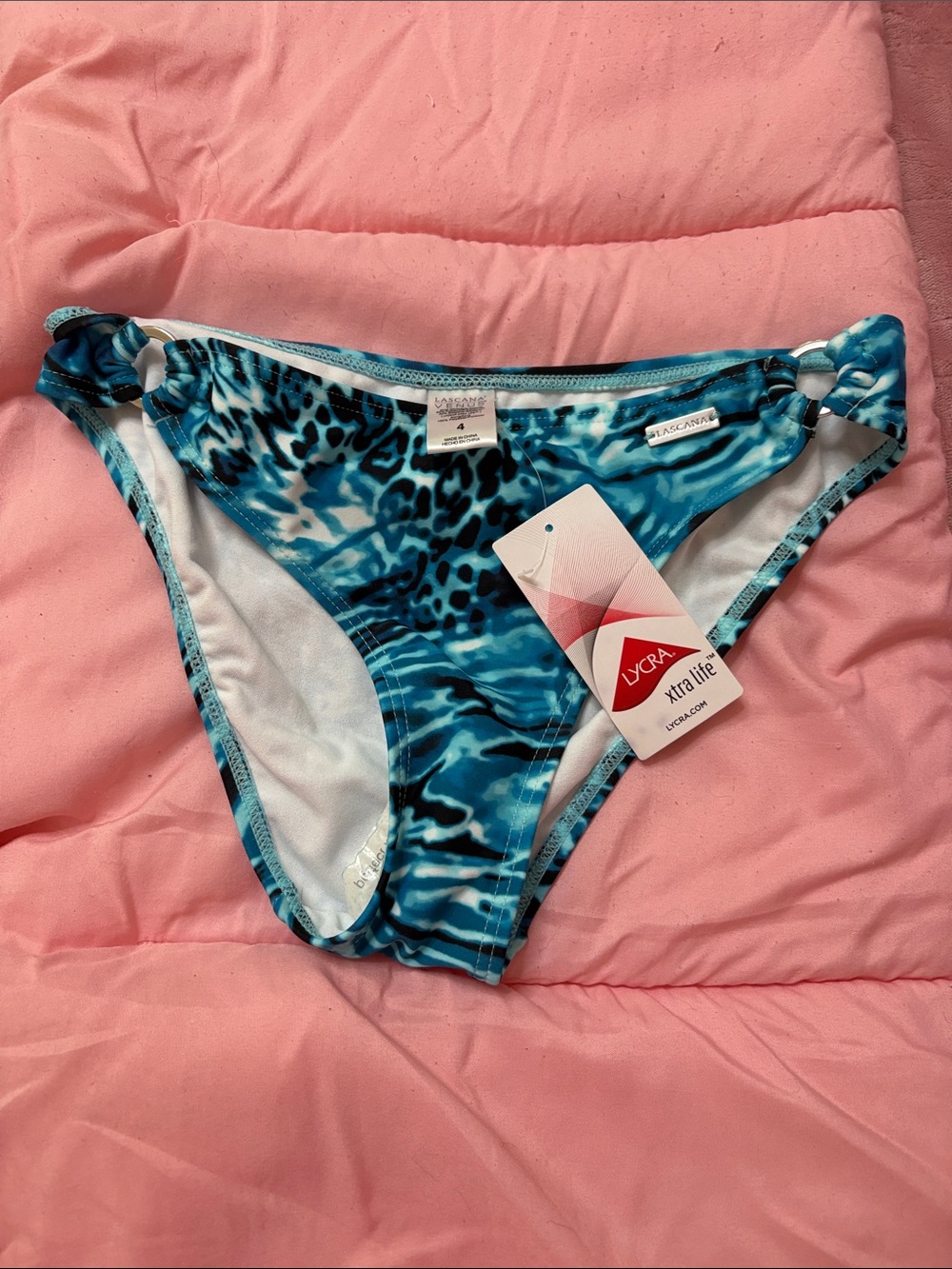 NWT. VENUS Blue Animal-Print Bikini Bottom with Ring-Detail Sides
